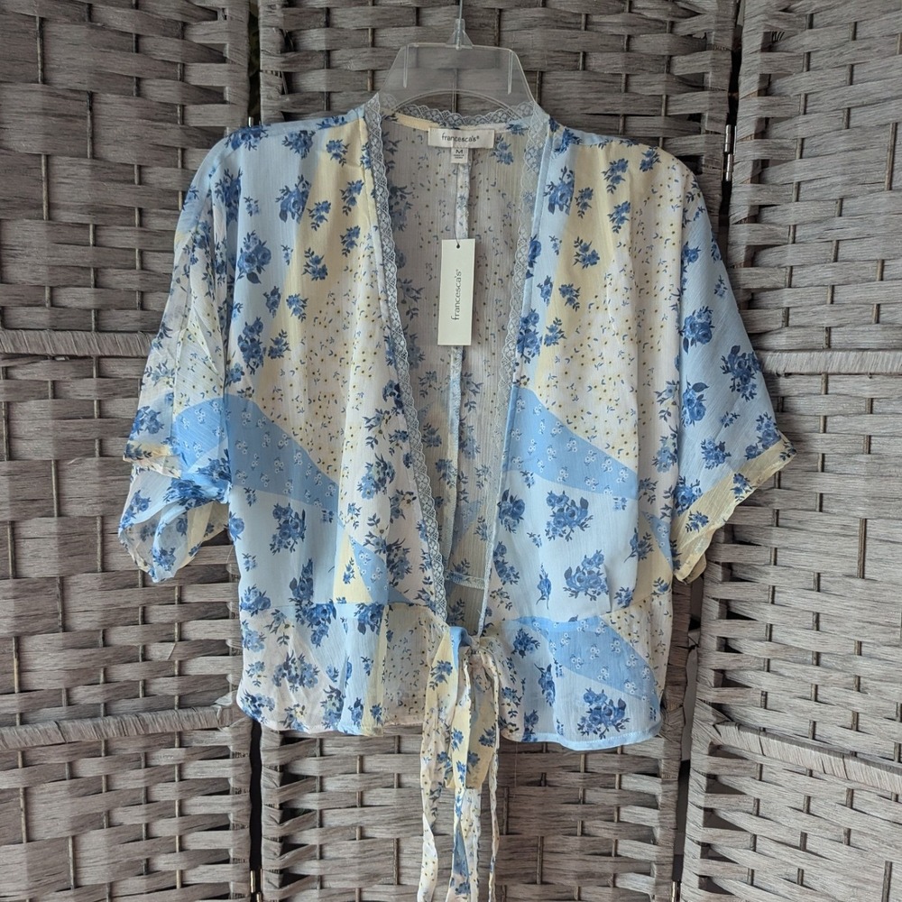 Blue Yellow Floral Patchwork Kimono Sleeve Tie Front Lace Trim Blouse Top Sz M